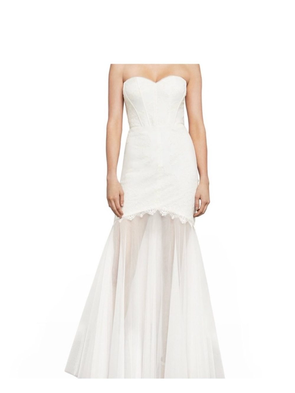 BCBGMaxAzria Strapless White Lace Mermaid Bridal Gown with Tulle Skirt